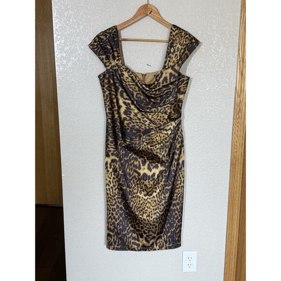 Tadashi Shoji Animal Print Sheath Dress Size 12 Ruched Cap Sleeves Leopard Satin - Picture 1 of 5